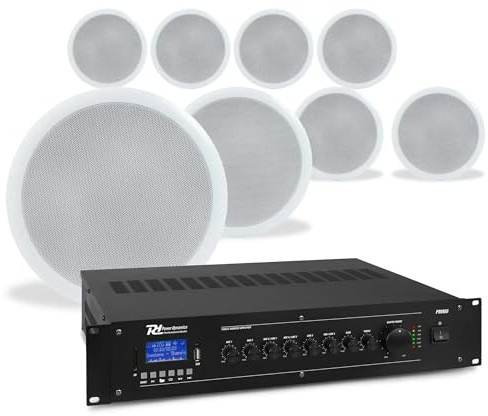Power Dynamics PRM60 PA Verstärker + 8 Bluetooth Deckenlautsprecher, 5 Zoll, 60 Watt Verstärker mit Bluetooth - 100V Soundsystem inkl. Lautsprecherkabel, Einbaulautsprecher Decke für Hintergrundmusik
