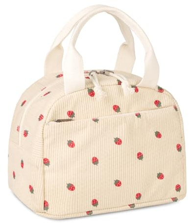 Kememo Insulated Lunch Bag for Women Girls, Corduroy Packed Lunch Bag Reusable Cool Bags for School Work Picnic, Beige Strawberry