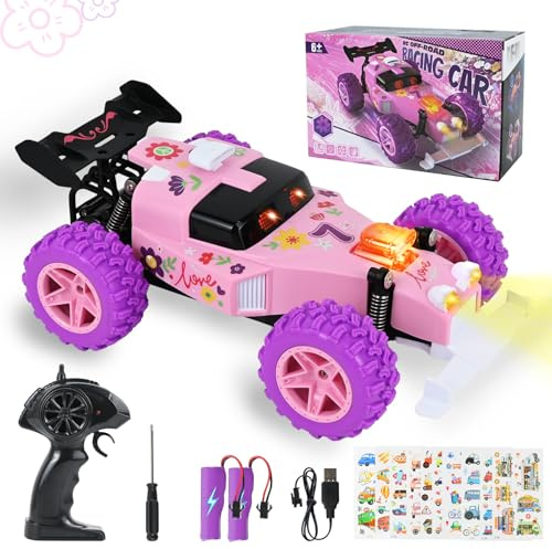 HERMORRYSS Coche Teledirigido, Vehículo de Carreras Todoterreno con Luces, 2.4GHz RC Coche de Control Remoto, con 2 Baterías Recargables, 2WD Vehículo Teledirigido para Niños y Niñas (Flor)