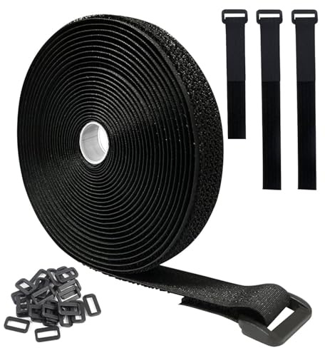 1 Roll 5m Adjustable Cable Straps with 25 Buckles, Hook and Loop Securing Strap, Black Reusable Fastening Cable Ties for Cable Tidy - Free Cut Length, Cord Organiser, Wire Management(Black)