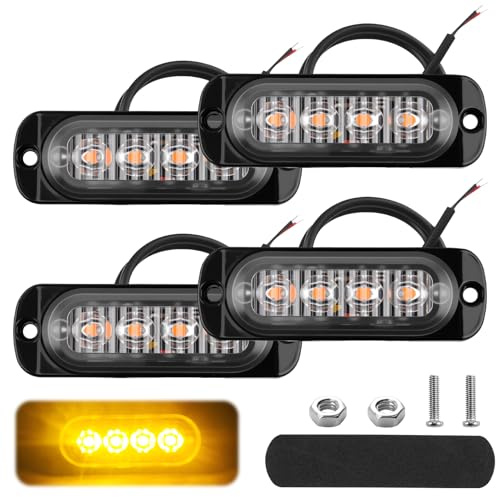 4Pack Car Strobe Flashing Light Amber 12V-24V 4 LED Amber Safety Emergency Light Universal Bar LED Breakdown Beacon Strobes Hazard Warning Light Waterproof for Truck Off-Road Vehicle Car Motorcycle