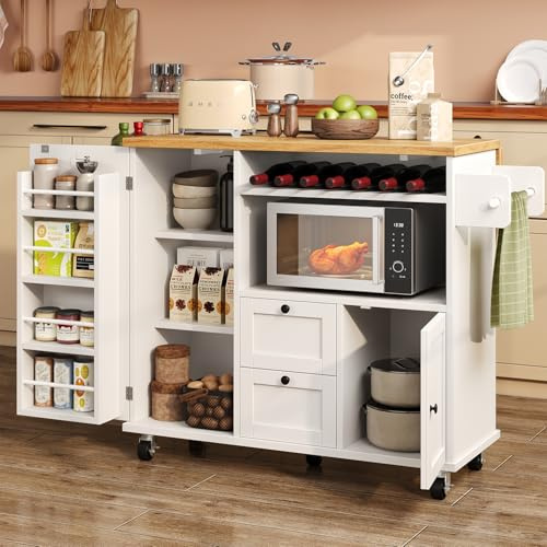 knoworld Rolling Kitchen Island with Storage Cabinet, 41.3'' Width Kitchen Cart with Desktop Drop Leaf Countertop, Portable Mobile Island with Towel Rack, Spice Rack Shelf, White
