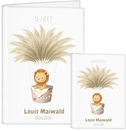 U-Heft & Impfpass Hülle Set personalisiert – Löwe im Pampasgras-Heißluftballon – Geschenk zur Geburt & Taufe – Baby Dokumentenmappe für Mädchen & Jungen – Handmade (Löwe)