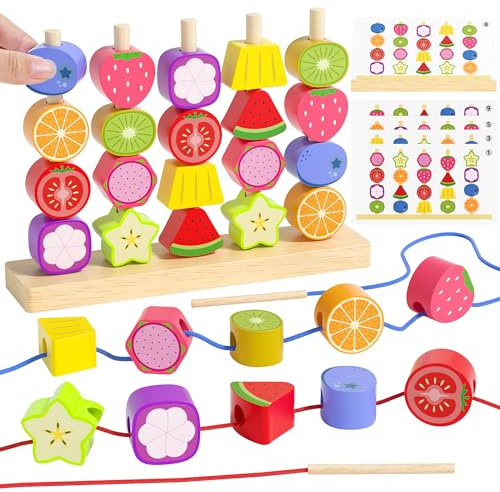 Melofaver Montessori Toys for 3 4 5 Year Old, Wooden Fruit Toddler Stacking Toys, Stacking Blocks & Lacing Beads & Shape Sorter Toy for Toddler, STEM Preschool Learning Toys for Kids Boys Girls