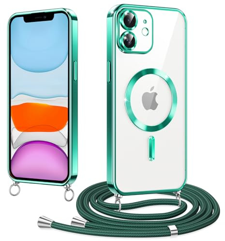 Micnkifo Magnétique Coque avec Cordon pour iPhone 11, Compatible avec MagSafe, Coque Magnétique en Galvanisé avec Réglable Collier Lanyard, Antichoc pour iPhone 11, Vert