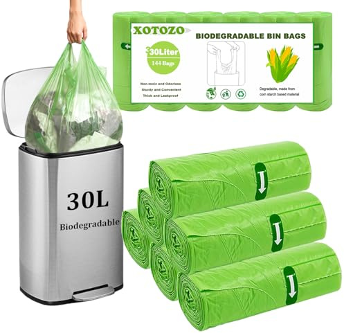 Lot de 144 sacs poubelle biodégradables de 30 l – Poignée à nouer – Sacs poubelle compostables pour déchets alimentaires – Sacs poubelle biodégradables pour cuisine, salle de bain, jardin, bureau