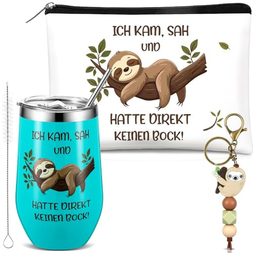 Fiada 3 Stück Faultier Geschenk für Frauen 16 oz Lustig Thermobecher Kaffeebecher Weinglas mit Strohhalm Deckel Kosmetiktasche für Faultierliebhaber Kollegin Chefin Freunde Geburtstag Weihnachten