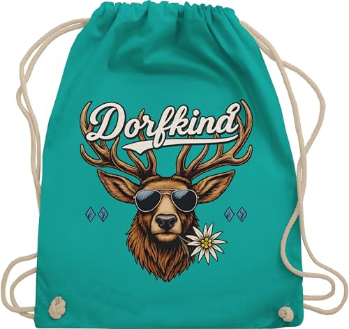 Turnbeutel Rucksack - Kompatibel mit Oktoberfest Tasche - Dorfkind Hirsch Edelweiß - bayrisch Trachten - Unisize - Türkis - trachtenrucksack bayrische trachtentaschen bayern oktoberfest-tasche