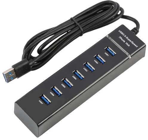 Hub USB 7 Ports 3.0 5Gbps, Hub USB avec Alimentation et Câble Long 150 cm, Répartiteur Haute Vitesse, Adaptateur Multiport Plug & Play pour PC Bureau, Laptop, Clavier, Souris, Disque Dur, Imprimante