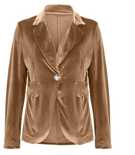 Sammet blazer kvinnor business vardaglig kostym ledig långärmad krage blazer passar solid sjal 1 knapp arbetskläder, Khaki, S