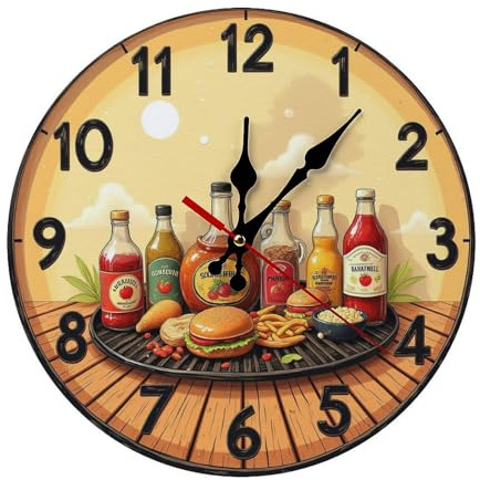 Mealtime Clock Featuring Grill and Food 12 Inch Silent Wall Clock, Frameless Wooden Round Clock with Quartz Movement for Bathroom, Kitchen, Living Room, Bedroom