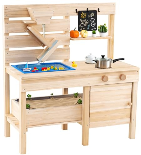 Maxmass Fir Wood Kids Mud Kitchen, Outdoor Children Play Kitchen with Detachable Sandbox, Sink, Chalkboard, Sand Funnel, Garden Toddler Pretend Kitchen Toy Set Potting Bench for 3-8 Years Old