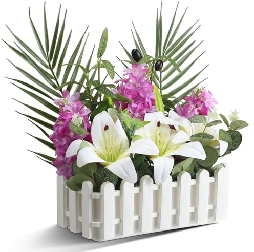 Gerrii Spring Flower Table Centerpieces Artificial Floral Plants in Picket Fence Pot Lily and Hyacinth Fake Flower Arrangement with Palm Leaves Eucalyptus for Living Room Wedding Office Window Table