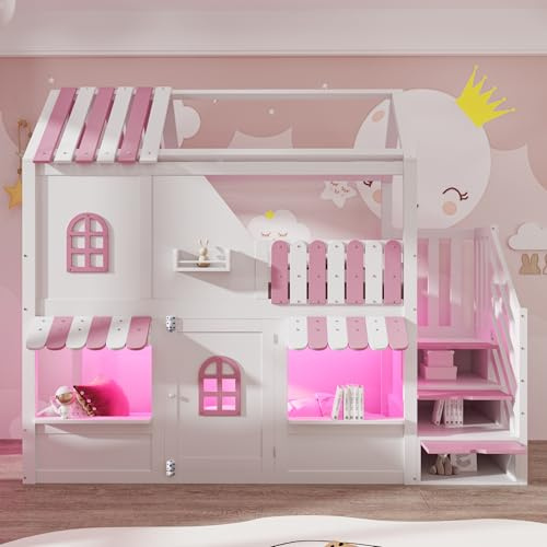 YuQozii Letto a castello per bambini, 90 x 200 cm, design a forma di casa, con finestre, tetto, sporgenza del tetto, ringhiera e porta, con scala di stoccaggio, illuminazione a LED e scaffali, letto a
