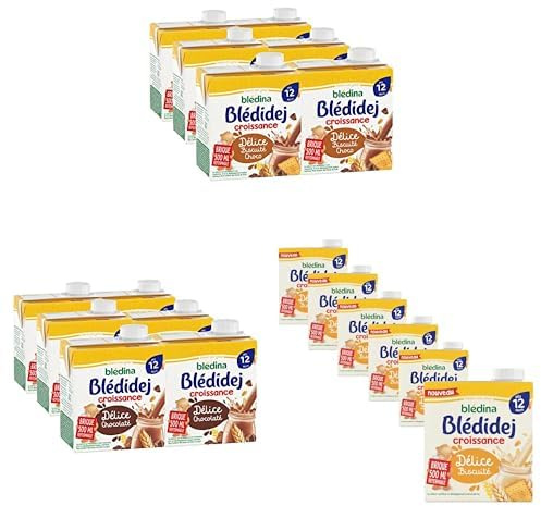 Blédina - Blédidej - Lot de 18 briques aux Céréales Lactées bébé - Biscuité Choco, Délice Chocolaté, Biscuité - Dès 12 mois - Petit Déjeuner - Format pratique 3 packs de 6×500 mL