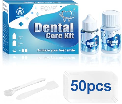 Zahnzement, Zahnkleber, Zahnreparaturset，Zahnreparatur mit Zahnzement und Zahnkleber, schneller Halt für Karieslöcher, Zahnausbrüche und Zahnteile(20g + 15ml + 50 Stück)