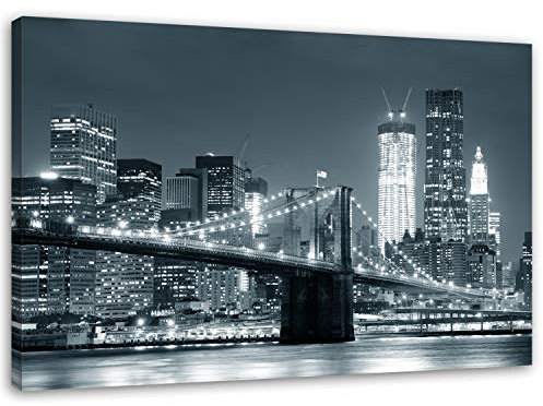 Feeby, Leinwandbild, Bilder, Wand Bild, Wandbilder, Kunstdruck 40x60cm, BRÜCKE, Stadt, Nacht, New York, Brooklyn Bridge, SCHWARZ UND WEIß