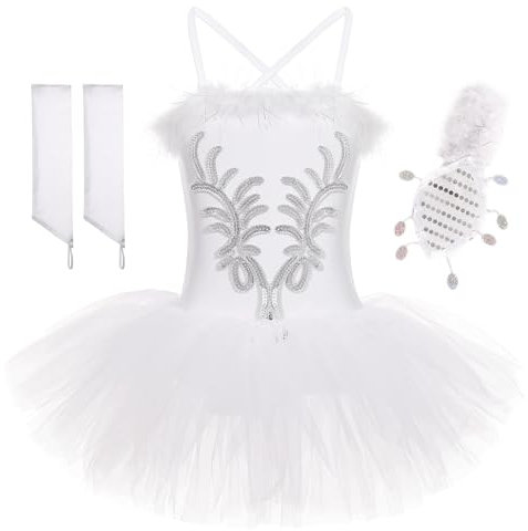 FONLAM Mädchen Ballettkleid Balletttrikot Ballettkleidung Kinder Ballettanzug Tüll Tutu Pailletten Tanzkleid Tanztrikot (Weiß, 11-12 Jahre)