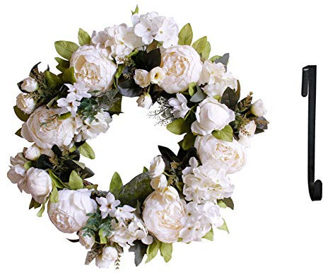 DELIBEST 38,1 cm handgefertigter Kranz, weiße Pfingstrose, künstliche Blumen, Girlande, europäische Tür-Ornament, mit 1 Kranzhaken, für Zuhause, Party-Dekoration, milchweiß, 38,1 cm