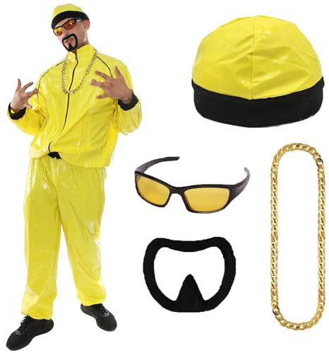 90s Celebrity Costume - Adults Yellow & Black Shell Suit + Matching Hat + Sunglasses + Gold Chain + Black Goatee - Funny Rapper Halloween Stag Do Fancy Dress Costume (Size: Medium)