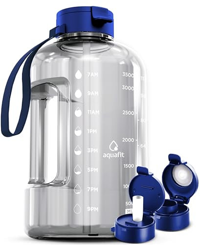 AQUAFIT 4 Litre Water Bottle with Straw - Water Bottle 4L with Time Marker - One Gallon Big Bottle with Straw - Large Bottle For Gym - 2 Lids, Clear