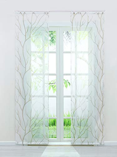 Delien Voile Schiebegardinen mit Äste Muster Flächenvorhänge Vorhang Gardine Klettband Komplett mit Paneelwagen Beschwerungsstange (2er-Set, je H/B: 245/57 cm)