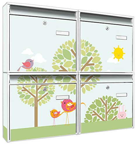 banjado Briefkastenanlage 4 Fach - Postkästen groß - verzinkter Stahl weiß DIN A4 Motiv DREI Bäume - Briefkasten Set 4 Briefkästen Namensschild, 2 Schlüssel, Montagematerial