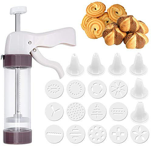 Plätzchenpresse-Pistole, Set zum Herstellen von Keksen und Zuckerguss, Set für Kuchendekorationen, mit 13 Scheiben und 6 Spritztüllen, multifunktionaler Komfort-Griff