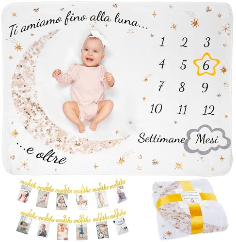 ODOXIA Coperta Mesi Neonato In Italiano | Per Maschio O Femmina, Unisex | Tema Luna E Stelle | Regalo Baby Shower Personalizzato Per Neomamme | Copertina Mesi Neonato | Con Festone Primo Compleanno