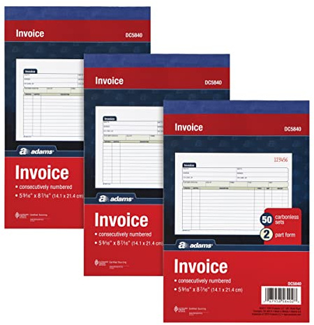 Adams Invoice Book 3 Pack, 2 Part Carbonless Invoices, Horizontal Sales Slip, 5-9/16 x 8-7/16 Inches, 50 Sets per Book (DC5840-3)