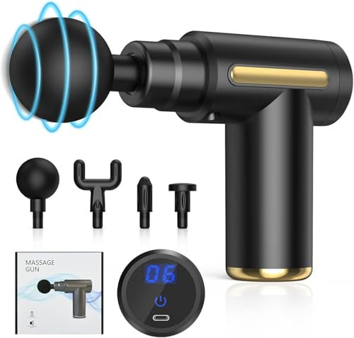 Massagepistole Mini, Massagegerät Massage Gun mit 6 Geschwindigkeiten und 4 Massageköpfen, 10MM Amplitude Elektrische Handmassagegerät Faszien Tiefengewebe für Nacken Schulter Rückenmassagegerät