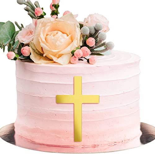 BETESSIN 2pz Topper Torta Croce Decorazione Torta Croce Dorato in Acrilico Croce per Decorazione Torta Cake Prima Comunione Matrimonio Battesimo Cresima Oro