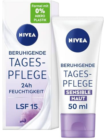 NIVEA Cuidado de día calmante 24h humedad SPF 15, crema facial sin perfume para pieles sensibles, crema de día delicada con aceite de semilla de uva