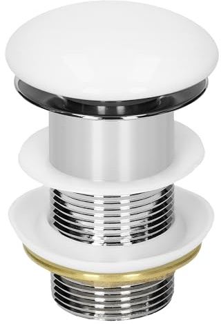 ML-Design Universal avloppssats för tvättställ och handfat utan överlopp, keramiskt lock vitt rostfritt stål, 1 1/4 tums pop up-ventil, avloppsventil avloppssats tvättställsplugg med packningar
