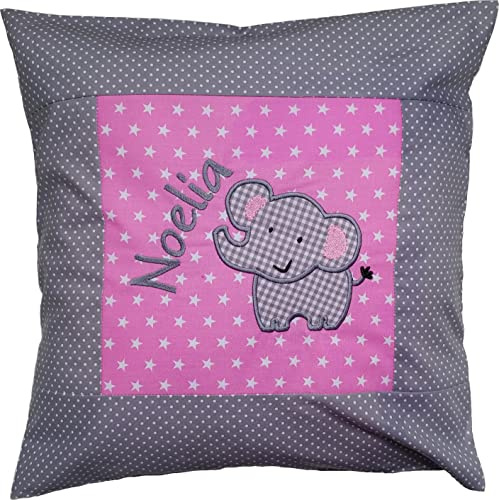 besticktes Kissen ELEFANT + NAME //rosa – grau// 40x40 Kissenbezug Geschenk Schmusekissen Kuschelkissen Namenskissen
