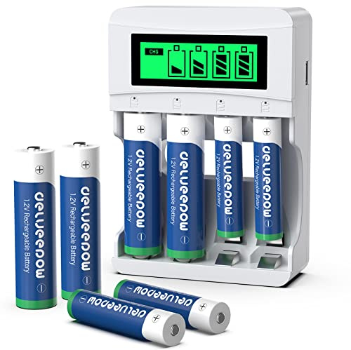 Delyeepow Rechargeable AA 3300mAh & AAA 1100mAh NiMh Batteries 1.2V with LCD Smart Battery Charger Set
