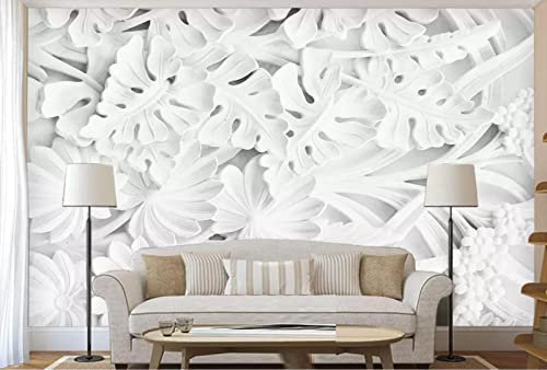 Papier Peint Panoramique Plantes Feuillage Sculpture En Pierre Blanc Papier Peint 3D Intissé Decoration Murale Chambre Salon