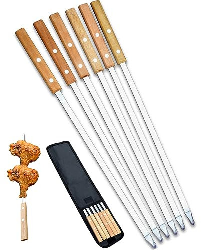 Grillspieße mit Holzgriff Grillspieße aus Edelstahl 42cm Schaschlikspieße Lange Spieße für Fleisch Gemüse Stockbro BBQ Grillen Grillzubehör aus Edelstah (42cm)