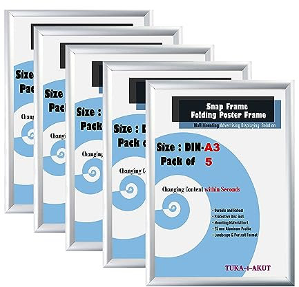 TUKA-i-AKUT 5er A3 Klapprahmen aus Aluminium 25 mm Profil, Plakatrahmen Wechselrahmen Poster Rahmen Schnapprahmen Aufklappbar mit Schutzscheibe Befestigungsmaterial, Silber Farbe, TKD8420-A3-5X