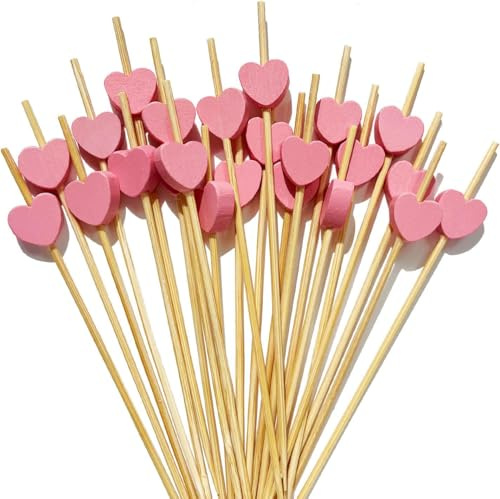 Lot de 100 cure-dents en forme de cœur rose pour apéritifs, 11,9 cm de long, bâtonnets de fruits, sandwich, charcuterie, brochettes pour mariage, Saint-Valentin, décorations de fête
