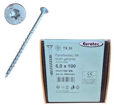 Vis ossature bois 6x100 mm - vis charpente et assemblage bois - anti corrosion 1000 heures - Eurotec Paneltwistec 1000 - Tête conique - Torx TX30 - Boîte de 100 vis