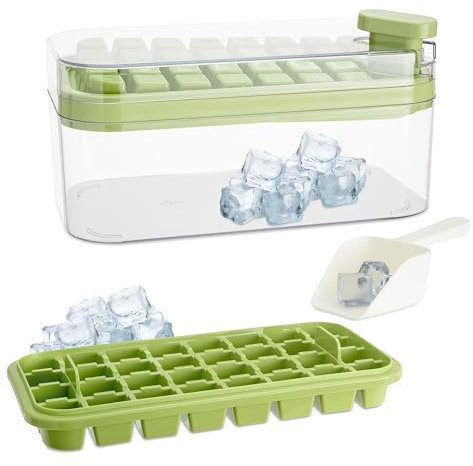 Stampo Ghiaccio x64 Cubetti Ghiaccio, Ghiaccio per Cocktail BPA Free con Coperchio e Contenitore, 2 x 32 Stampi per Ghiaccio Facili da Estrarre, Ice Maker per Casa, Bar e Spiaggia