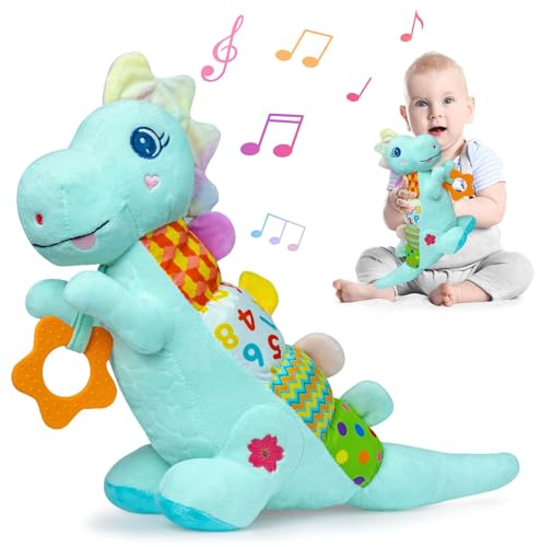 Baby Dino plysch mjuk fylld djurleksak för 0-3-6-12+ månader, spädbarn musikleksak med skallor, piper, sensorisk rynka, bitleksak och texturer, magleksaker julklapp babygåva till nyfödd flicka pojke