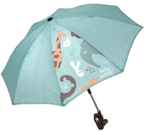 PERLETTI Sombrilla Carro Bebe Universal Anti UV con Animales - Mini Paraguas Cochecito Niño Niña Protección Solar Apertura Manual - Sombrilla Lluvia Carrito Silla de Paseo - Diámetro 70 cm (Verde)
