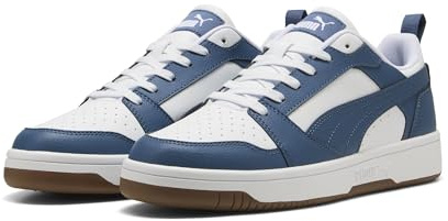 PUMA Unisex Rebound V6 låga sneakers, vit-mörk indigo-tuggummi, 9 UK, Puma vit mörk indigo tuggummi, 43 EU