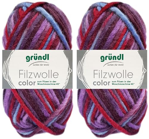 2x50 Gramm Gründl Filzwolle Color aus 100% reiner Schurwolle inkl. Anleitung für Topflappen (40 Fuchsia Flieder Hellblau Multicolor)