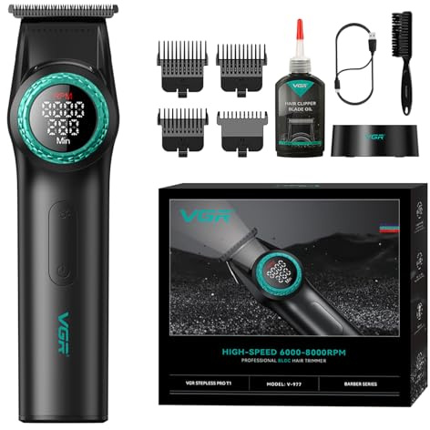 VGR 977 Tondeuse à Cheveux Professionnelle pour Homme 8000 Tr/min | T-Blade Tondeuse sans Fil avec Distance Zéro Tondeuse à Cheveux Rechargeable avec Écran LED
