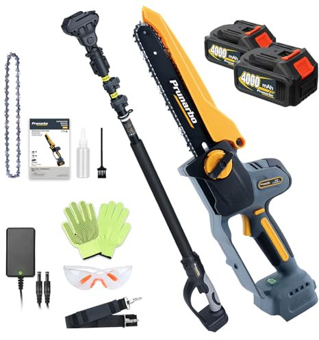Prunarbo 2-in-1 Cordless Pole Saw & Mini Chainsaw Brushless 18V with 2 x 4.0Ah Batteries, Auto Oiler, 180° Adjustable Head & Extendable 2.5m Long Reach for Gardening Tree Pruning Saw Cut Wood