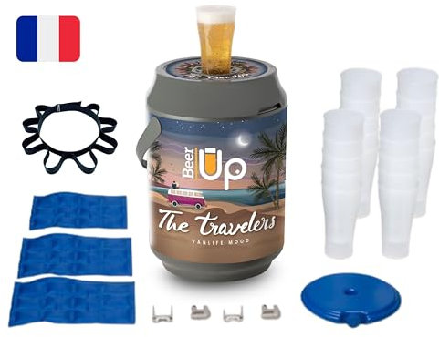 BEER UP PLUS 'Travelers' + 12 marqueurs OFFERTS - Tireuse à bières portative - 20 verres - fûts Beertender - 20h de froid sans électricité - remplissage par le fond