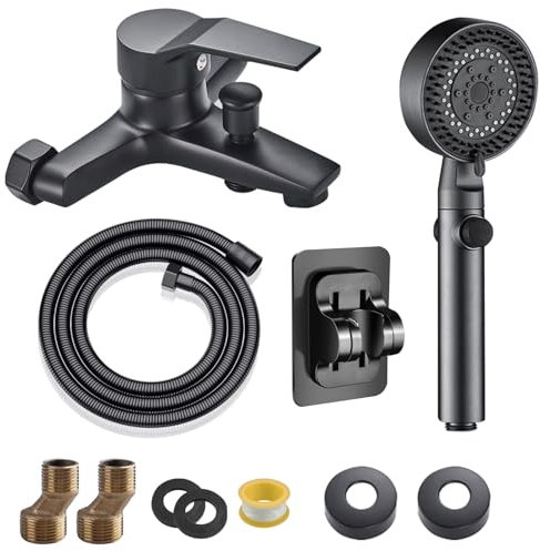 suaywo Rubinetto Vasca da Bagno Monocomando con Soffione Rubinetto per Vasca da Bagno Nero con Doccetta a Mano 5 Modi Spruzzo Tubo Acciaio Inossidabile 1.5m Adatto per Casa, Hotel e Altri luoghi